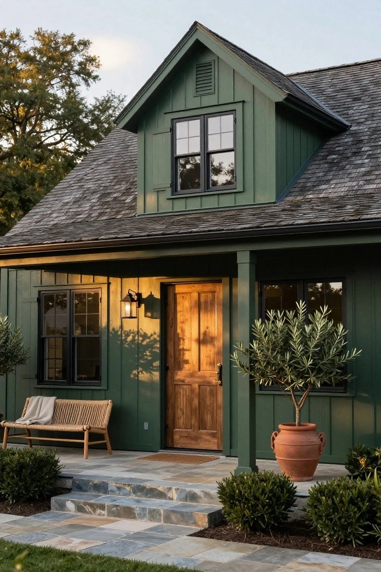 Front exterior of a dark green board-and-batten house with gabled roof section, wooden entry door, black lantern light, rattan bench with blanket, olive tree in large terracotta pot, boxwood shrubs, and slate stone steps to a lawn.