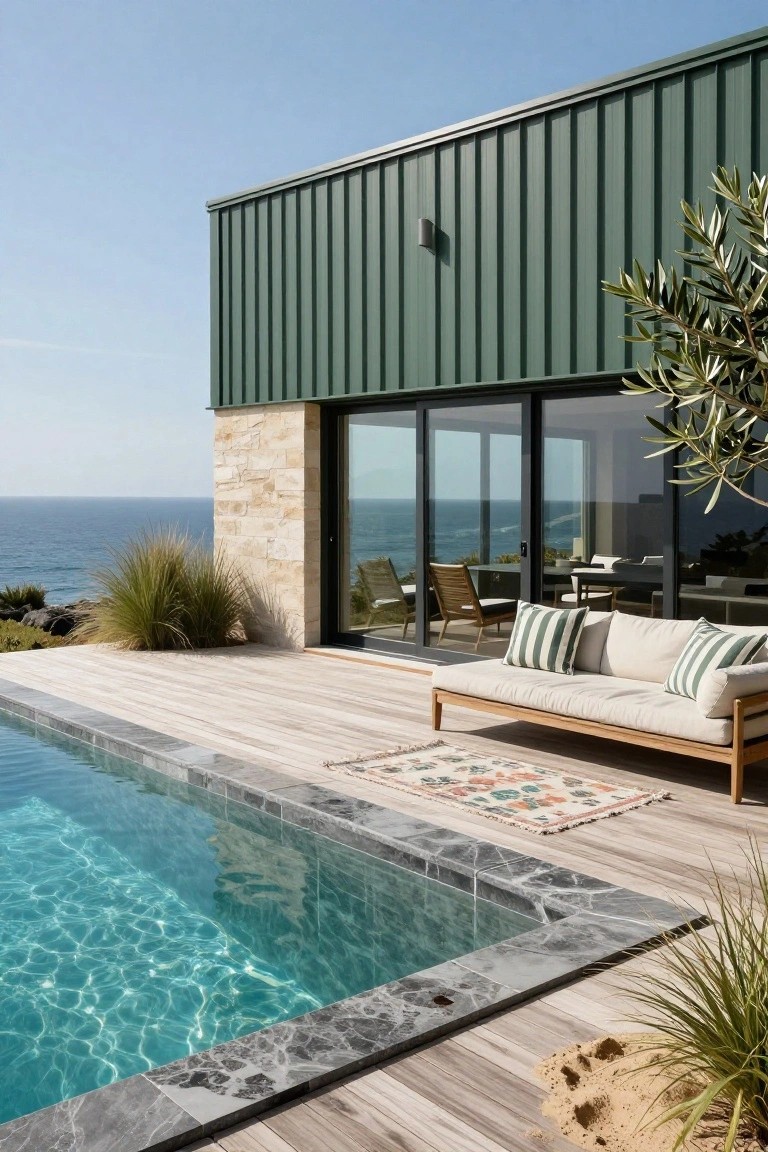 House exterior featuring dark sage green corrugated metal wall cladding above a beige stone base, with large sliding glass doors opening to a wooden deck and infinity pool overlooking the ocean.