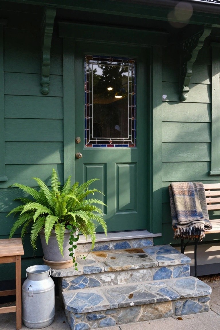 Dark green wooden house exterior featuring a paneled front door with stained glass window, brass knob, potted fern plant, metal milk can, wooden bench with plaid blanket, and stone steps.