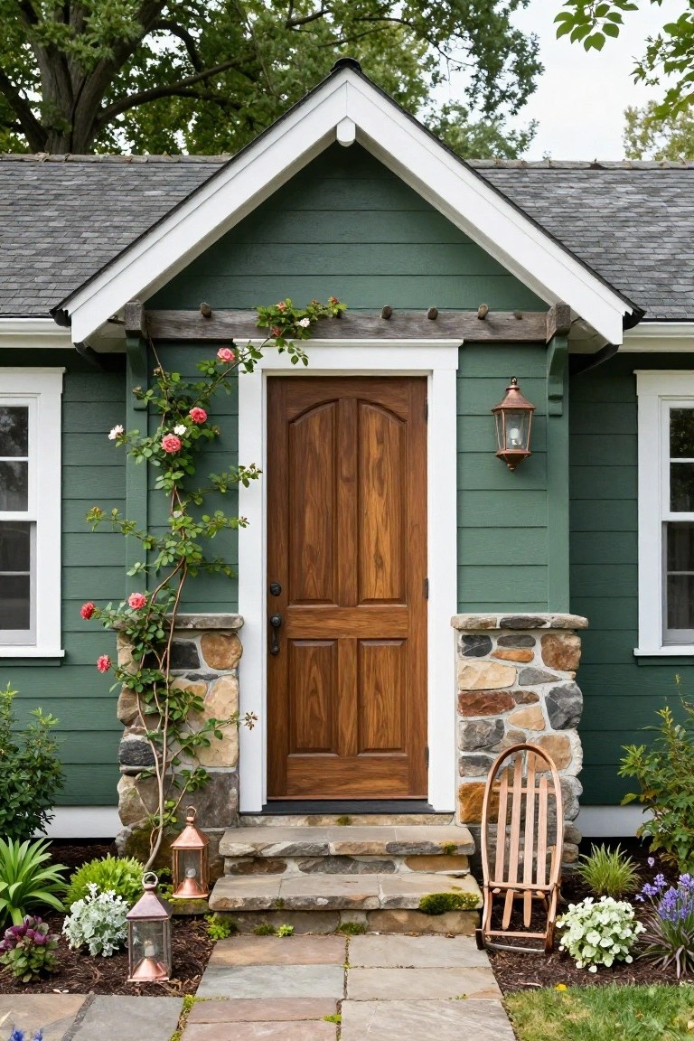 Front facade of a dark sage green shingle house with white trim, dark wood paneled door, climbing pink roses on a stone pillar, copper lanterns, stone steps, and low garden plantings.