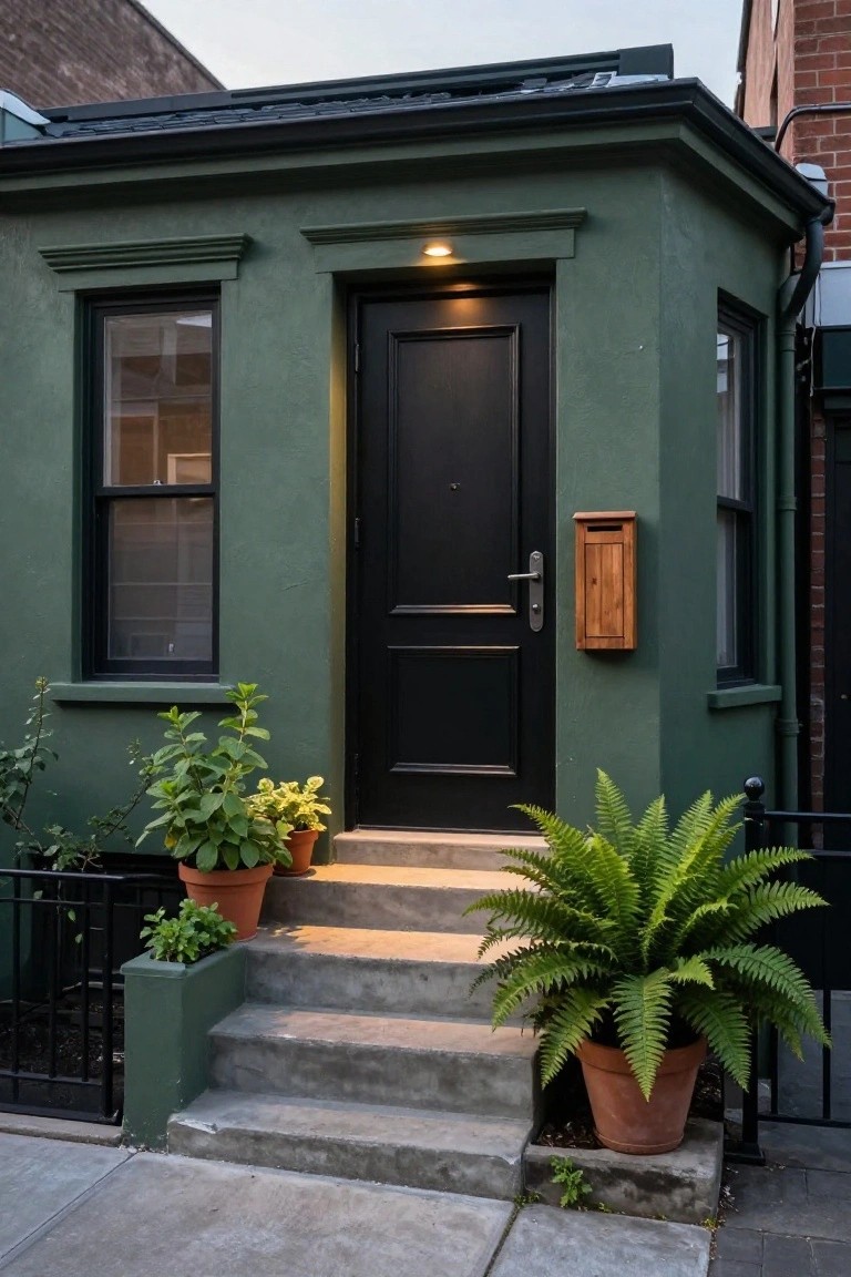 Corner view of a two-story dark sage green house exterior with black-framed windows, a black front door, wooden mailbox, potted plants, black metal gate, and concrete steps.