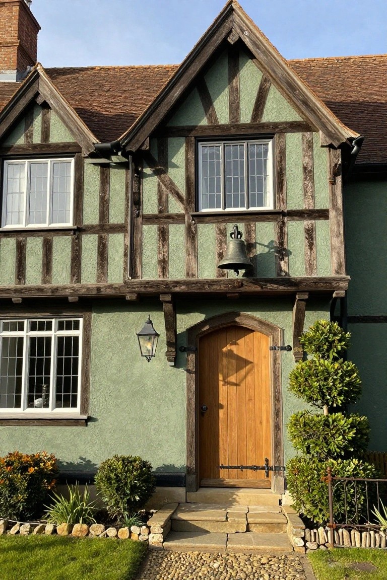 Two-story house exterior painted dark sage green with dark timber framing, multiple leaded glass windows, wooden front door, lanterns, and low shrubs in the front yard.