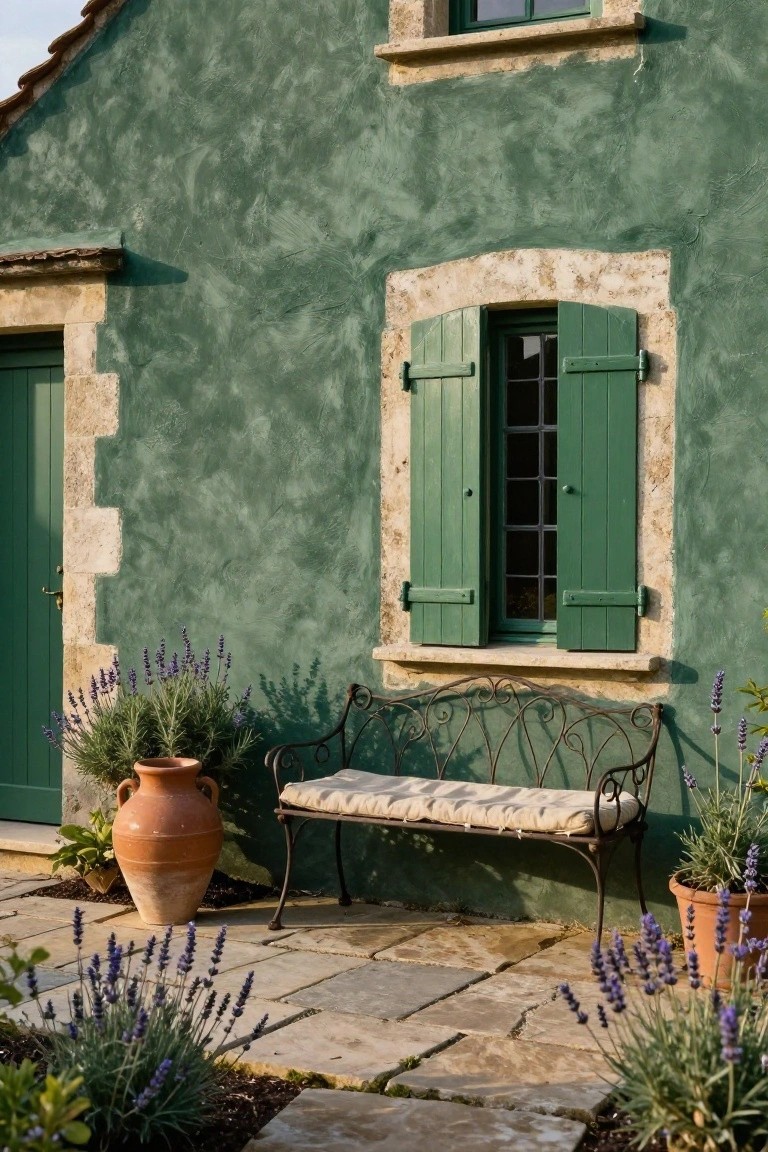 Dark green textured plaster wall of a house with green-painted wooden shutters on a window, green door with stone surround, terracotta pot, potted lavender plants, and wrought-iron bench on stone pavers.