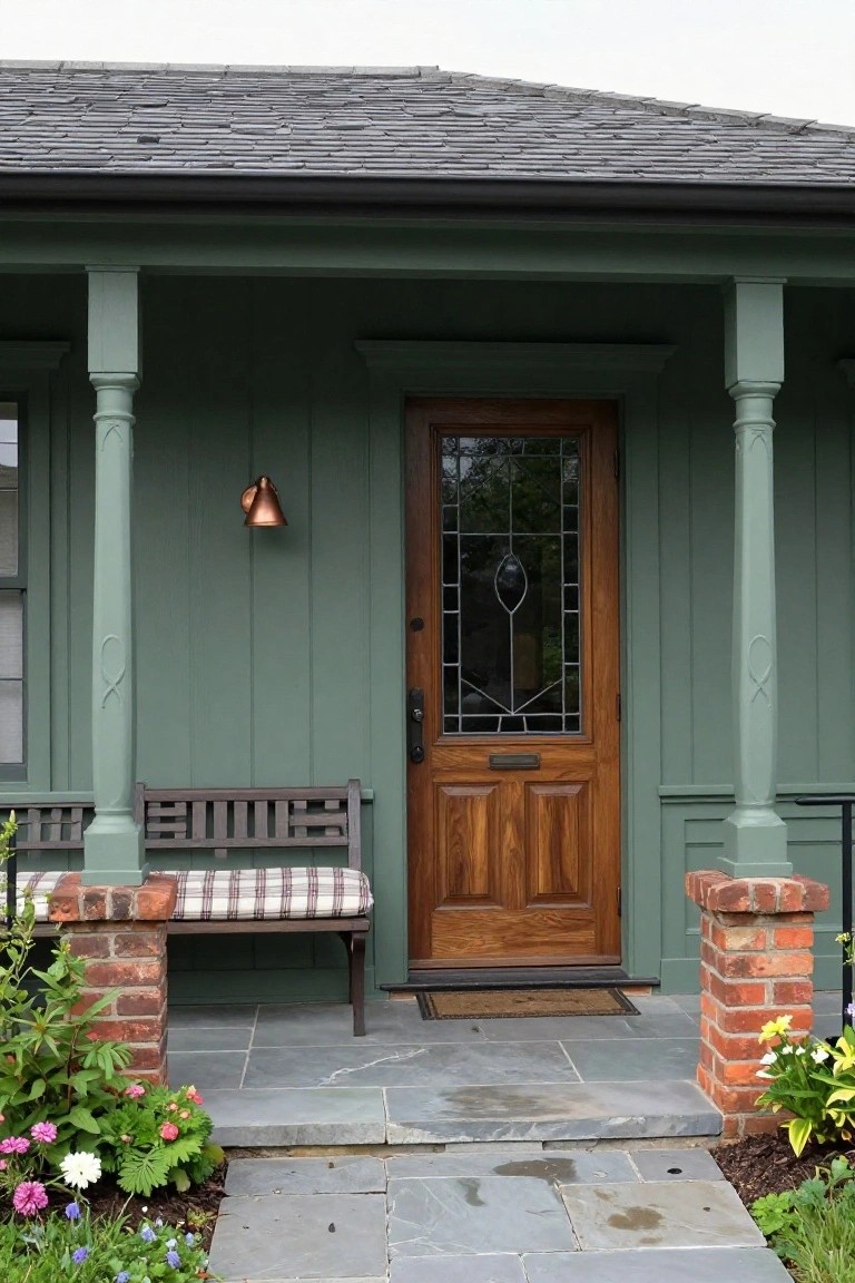 Front porch of a dark sage green house with white columns, wooden door featuring glass panels and brass knocker, slatted bench with cushions, brick bases, stone flooring, and flowers along the edges.