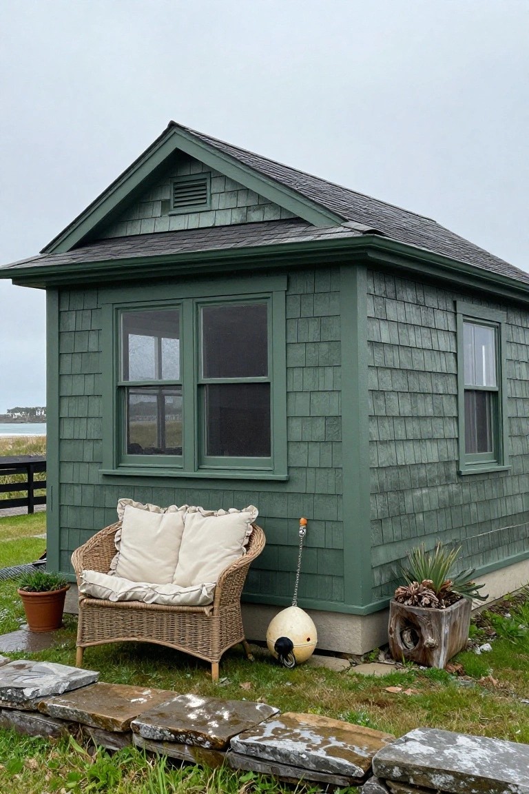 Small dark green shingled building with gabled roof, double white-framed windows on one side, single window on the other, wicker chair with white cushions in front, potted plants, buoys, and stone wall nearby on grassy area by water.
