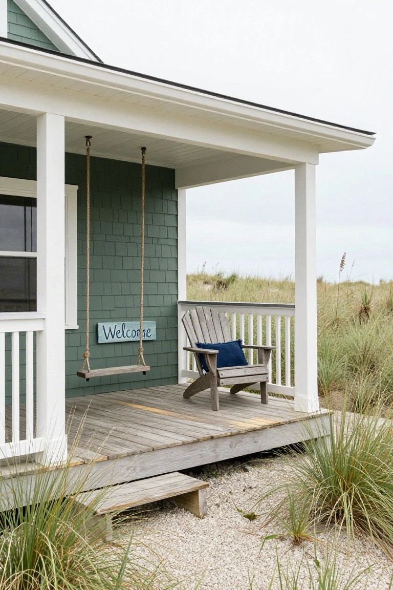 Dark green shingled house exterior with white porch rails, a hanging wooden swing, Adirondack chair with blue cushion, welcome sign, and surrounding beach grass and gravel.