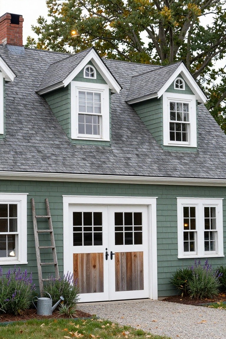 Green shingled house exterior featuring dormer windows, a double garage door with glass panels, a wooden ladder leaning against the wall, lavender plants, a metal watering can, and a gravel path in front.