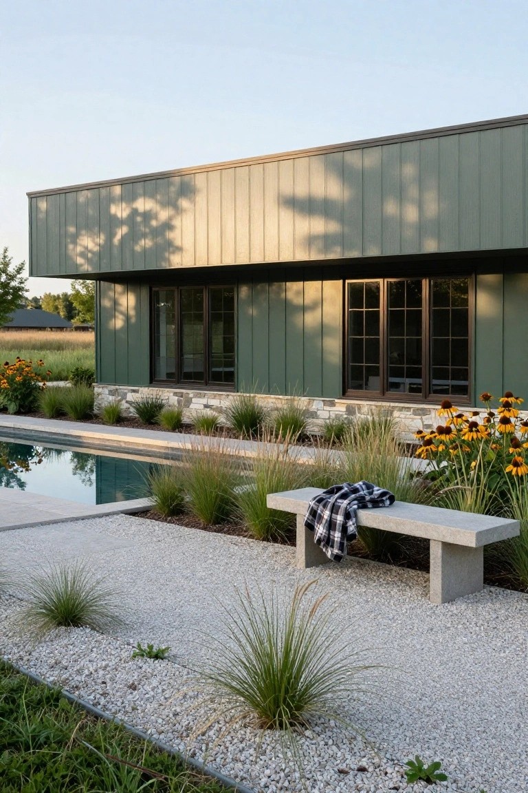 Side view of a modern house with dark sage green vertical siding and large black-framed windows, next to a pool edged in stone, with gravel ground cover, ornamental grasses, sunflowers, and a concrete bench holding a plaid blanket.