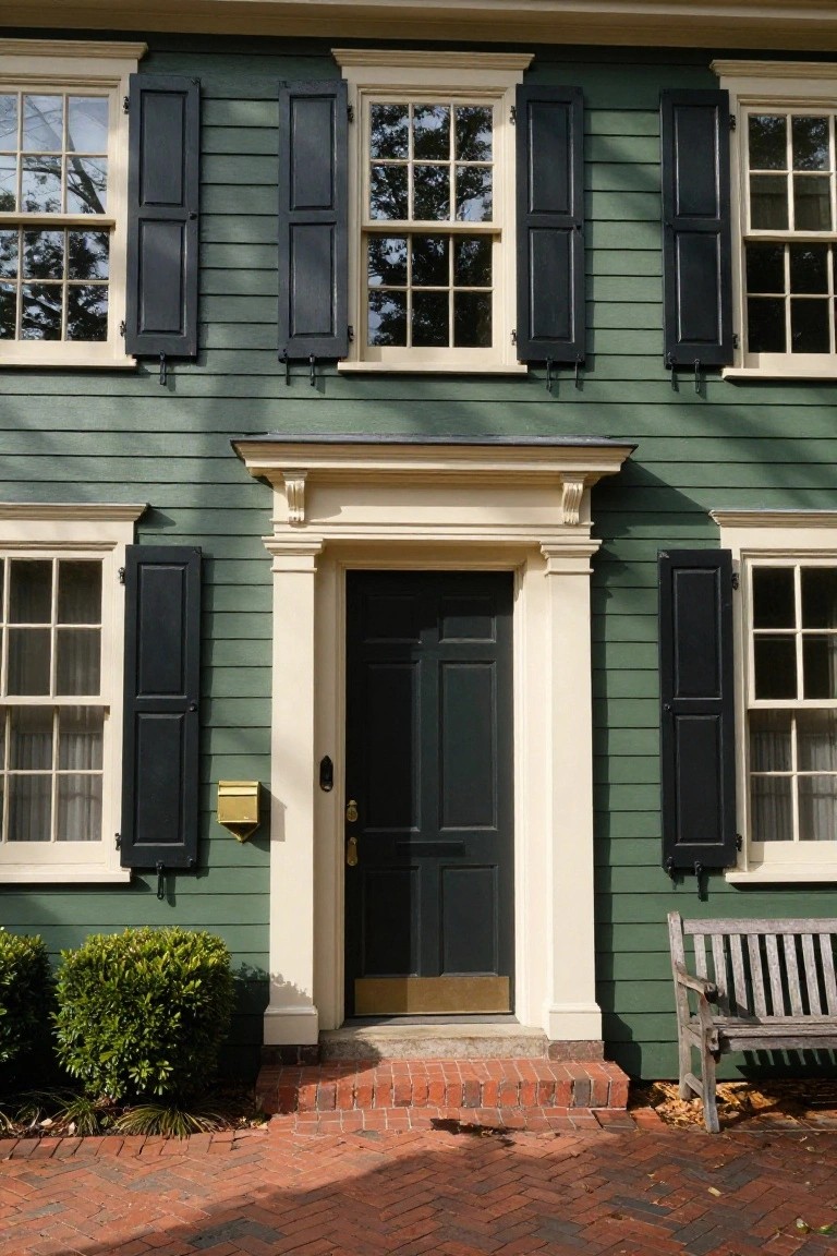 Two-story colonial house with dark sage green clapboard siding, black shutters on multipane windows, white trim around a centered dark green front door, brick walkway, boxwood shrubs, and wooden bench to the side.