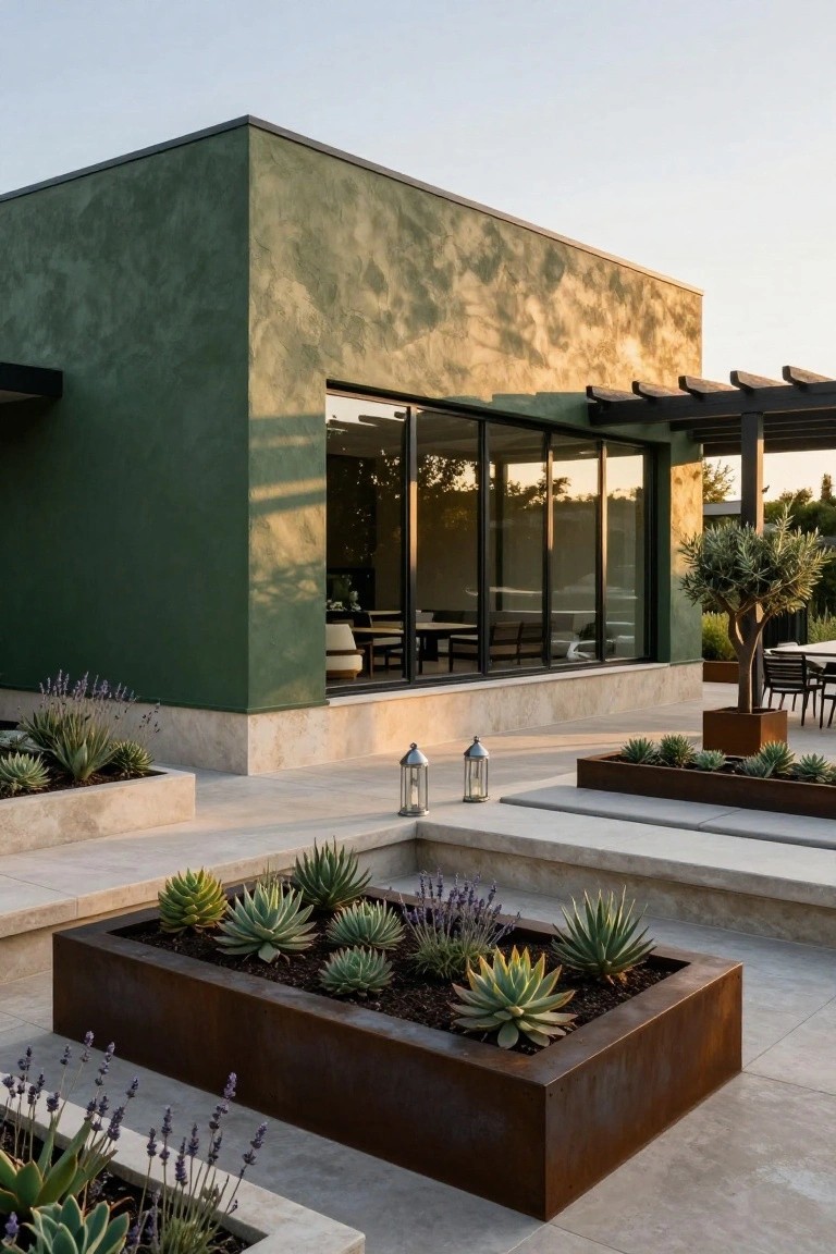 Corner view of a modern house with dark sage green textured stucco walls, large sliding glass doors opening to an outdoor dining area under a wooden pergola, corten steel planters with agaves and lavender, stone steps, and lanterns on a travertine patio at sunset.