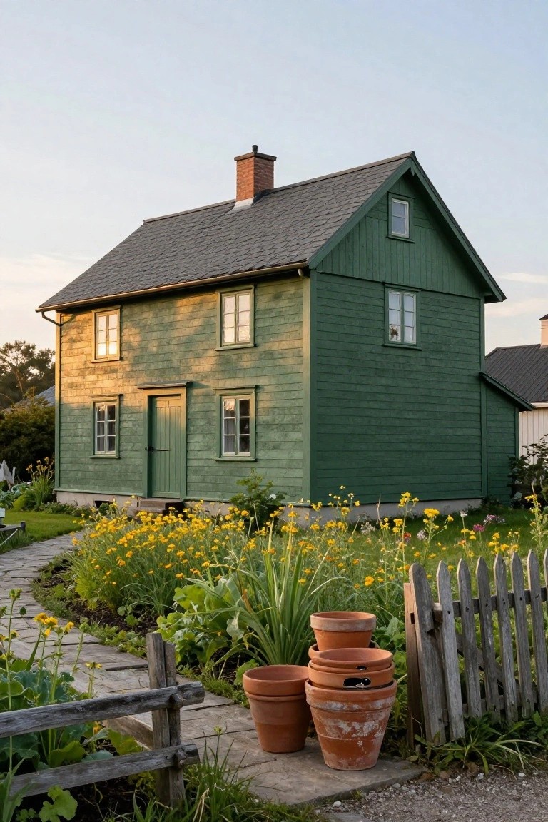 Dark green wooden house with gabled gray shingle roof, brick chimney, white-framed windows, green front door, stone entry path lined with yellow flowers, leafy plants, stacked terracotta pots, and wooden picket fence.