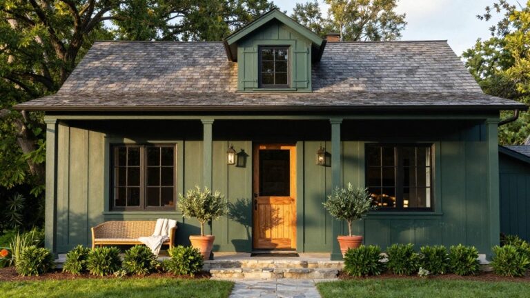 Front exterior of a dark green board-and-batten house with gabled roof section, wooden entry door, black lantern light, rattan bench with blanket, olive tree in large terracotta pot, boxwood shrubs, and slate stone steps to a lawn.