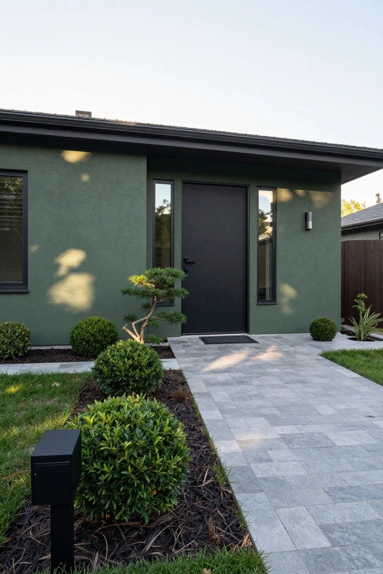 Front view of a modern single-story house with dark sage green stucco walls, black front door, slim black-framed windows, a small pine bonsai tree, round boxwood shrubs, black mailbox on a post, and a gray tiled pathway leading from the lawn to the entry.