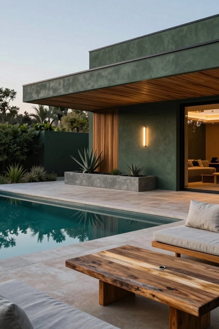 Modern house exterior with textured dark sage green walls, overhanging wooden ceiling, vertical wood panels beside glass doors, infinity-edge pool, agave plants in concrete planter, and low outdoor sofa with wooden coffee table on light stone deck.
