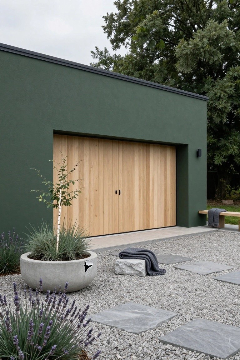 Dark sage green stucco house wall with a tall light wooden garage door featuring vertical planks and black handles, in front of gravel area with potted plants, lavender, stepping stones, and a bench with gray blanket.