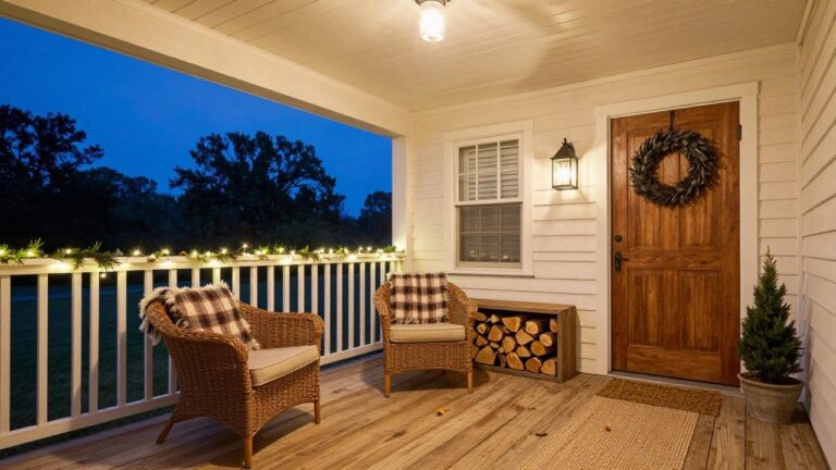 Front porch at dusk with two wicker chairs draped in plaid blankets on a seagrass rug, black lantern on the deck, string lights along white railings and eaves, wooden door with magnolia wreath, potted plants, and wall lantern.