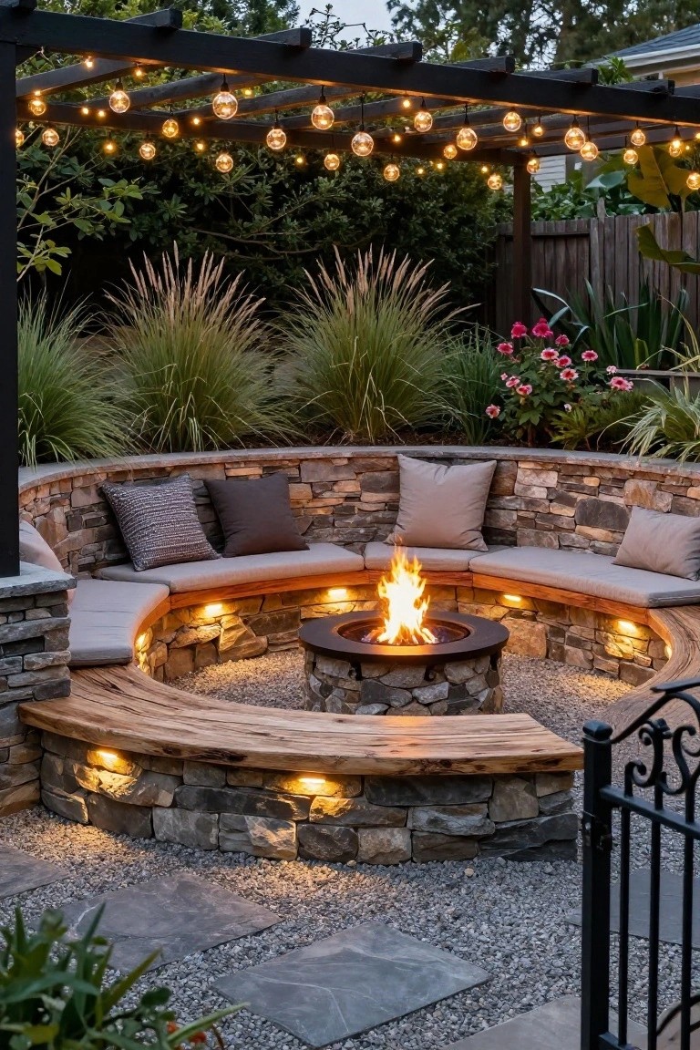 Circular outdoor fire pit seating area with curved stone walls, beige cushions, wood bench tops, gravel ground, plants around, black pergola overhead with hanging globe string lights, and under-bench lighting.