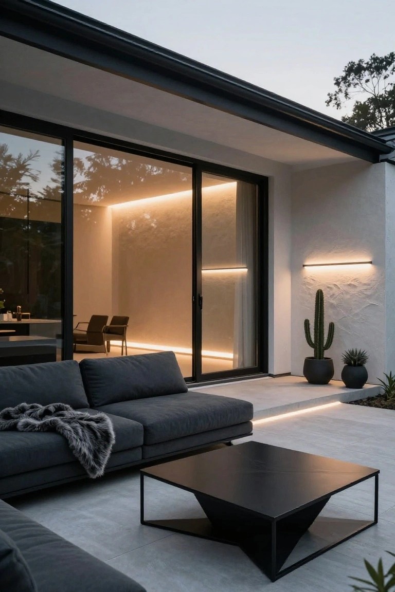 Outdoor patio at dusk with gray L-shaped sofa, black metal coffee table, open glass sliding doors on white stucco wall lit by horizontal and vertical LED strips, potted cacti plants, and LED lights along floor edges.
