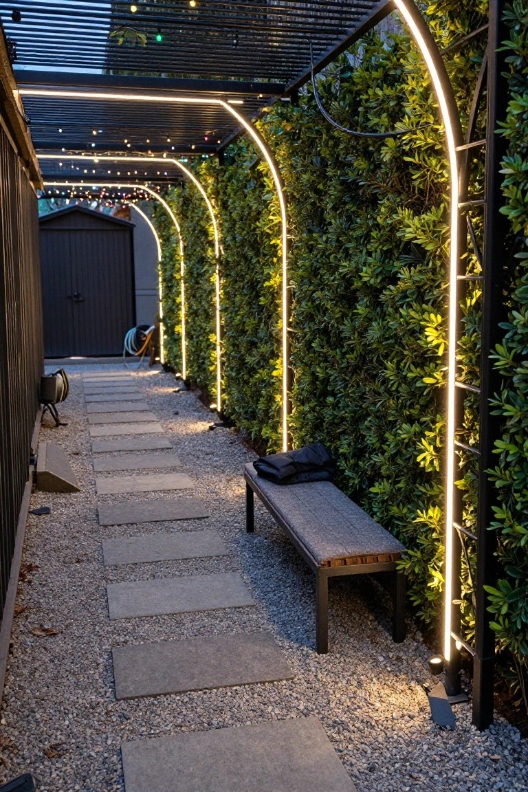 Narrow outdoor gravel pathway with stone steps leading past a wooden bench, flanked by tall black metal arches covered in green foliage and outlined by continuous vertical LED light strips, string lights overhead, and a dark shed door at the end during evening.