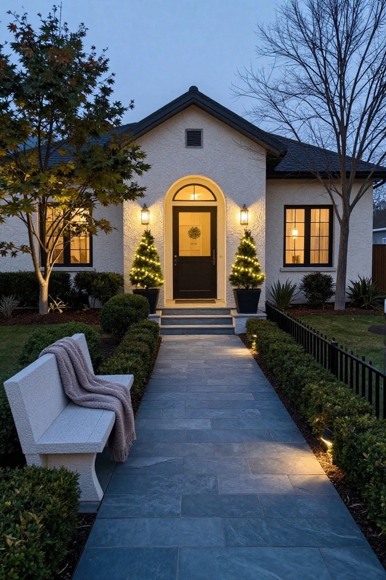 White stucco house exterior at dusk with black arched front door flanked by two small potted Christmas trees lit with white LED lights, stone pathway with ground lights leading to entry steps, boxwood hedges, black iron fence, and concrete bench with gray blanket.