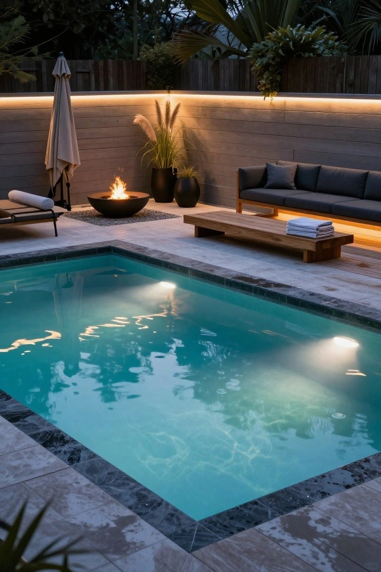 Modern rectangular pool at dusk with blue water lit by underwater lights, LED strips glowing along black coping and concrete walls, nearby fire pit, wooden lounge chair with towel, gray sofa on wooden platform, potted plants, and beige umbrella against a lit wall.