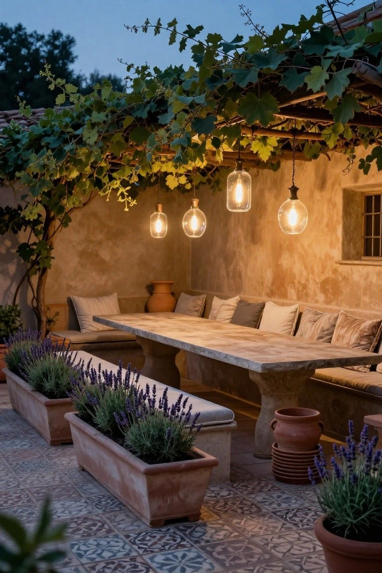 Outdoor patio at dusk under vine-covered pergola with four hanging glass globe lights over a long rustic wooden table flanked by cushioned benches, terracotta pots of lavender, and tiled floor.