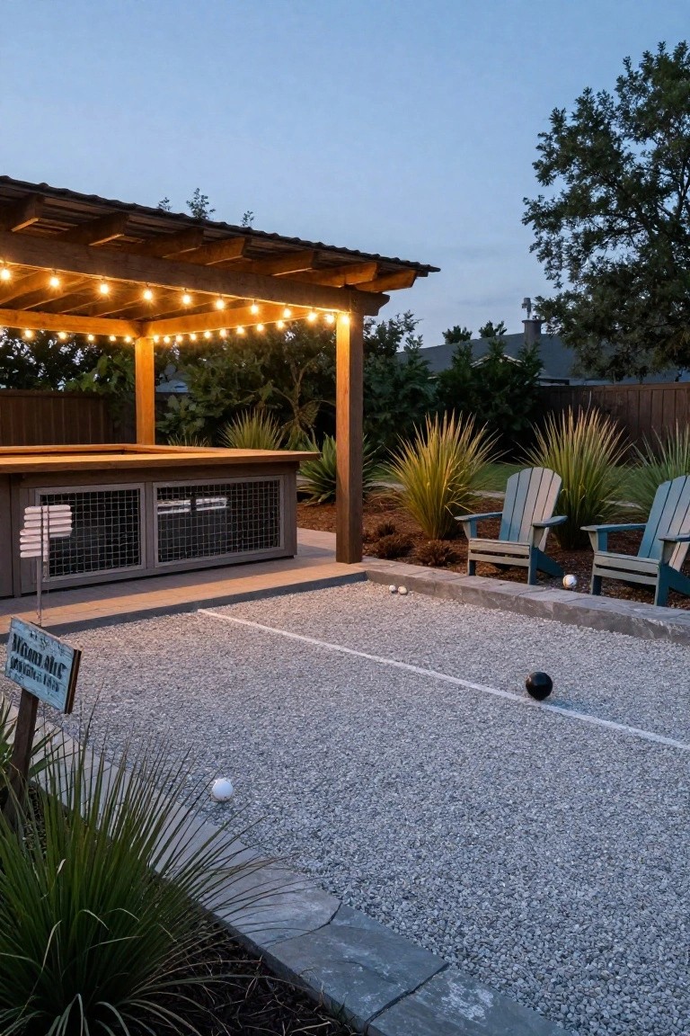Wooden pergola with string lights overhead, bar enclosure with grill inside, two Adirondack chairs nearby, bocce ball court with gravel surface and balls, surrounded by plants and fence in evening light.