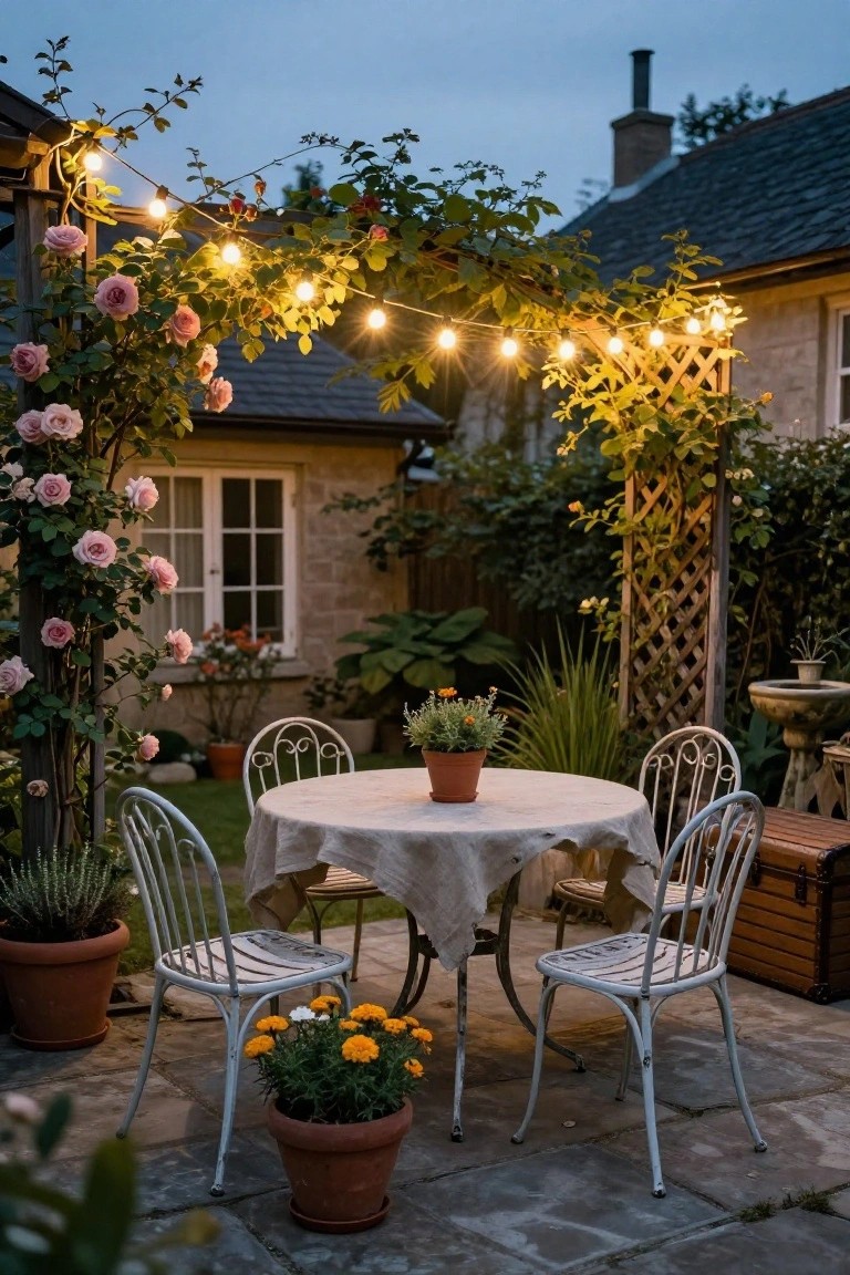 Outdoor patio at dusk featuring a pergola arch covered in pink climbing roses and draped with warm string lights over a round table with white metal chairs on stone pavers, surrounded by potted plants and garden elements.