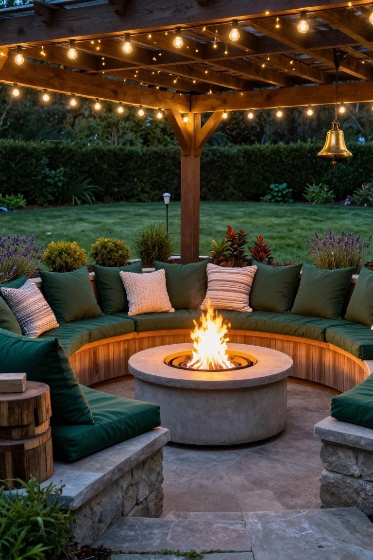 Wooden pergola with string lights overhead covering a curved green cushioned bench around a circular concrete fire pit on a stone patio surrounded by plants and lawn.