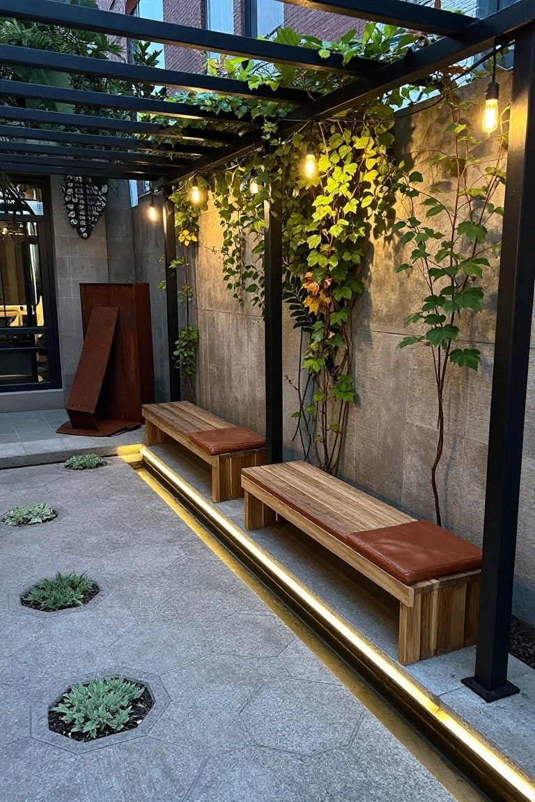 Outdoor seating area under a black metal pergola overgrown with green vines and lit by hanging warm string lights, featuring two wooden benches with brown leather cushions against a textured concrete wall, small plants in hexagonal floor cutouts, and yellow LED strip lighting along the patio edge.
