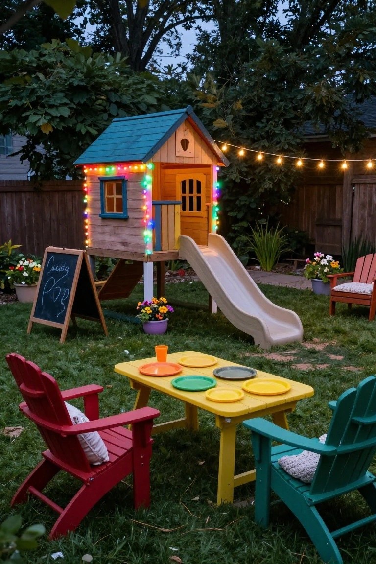 Wooden backyard playhouse with turquoise roof wrapped in multicolored LED string lights, attached white slide, yellow kids table set with colorful plates, red and green Adirondack chairs on grass, potted flowers and chalkboard nearby at dusk.