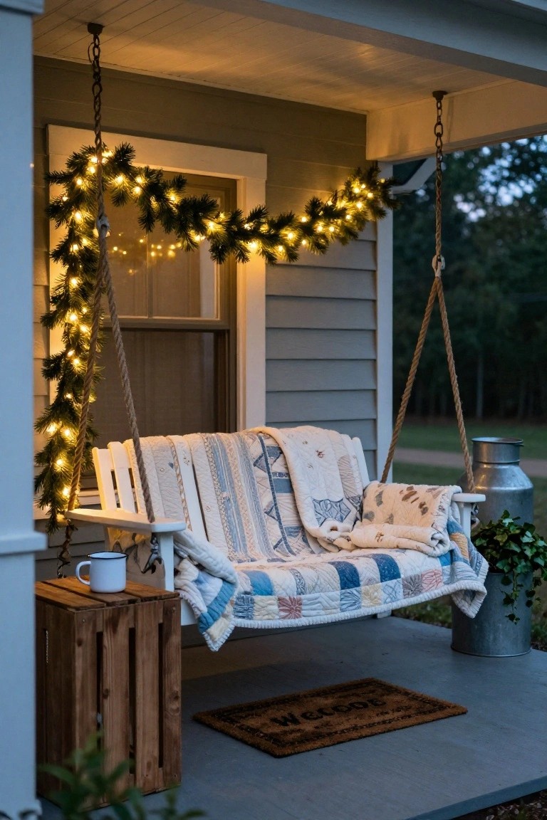 Gray house porch at dusk with a white wooden porch swing draped in quilts and blankets, evergreen garlands strung with white LED lights wrapped around the swing chains and nearby railing, a wooden crate side table holding a white mug, a metal milk can, potted plant, and welcome mat on the wood deck.