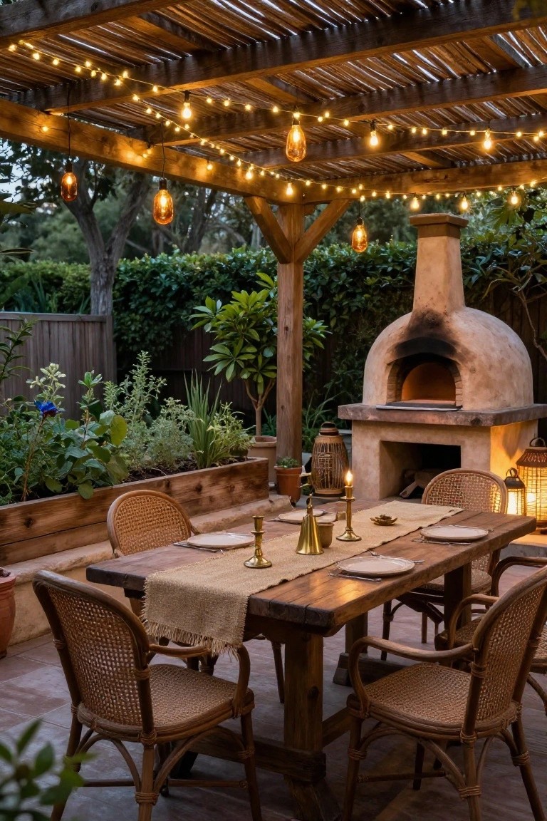 Wooden pergola-covered outdoor patio at dusk with draped string lights and pendant bulbs, wooden dining table with rattan chairs and candles, stone pizza oven, raised garden beds with plants, and lanterns.