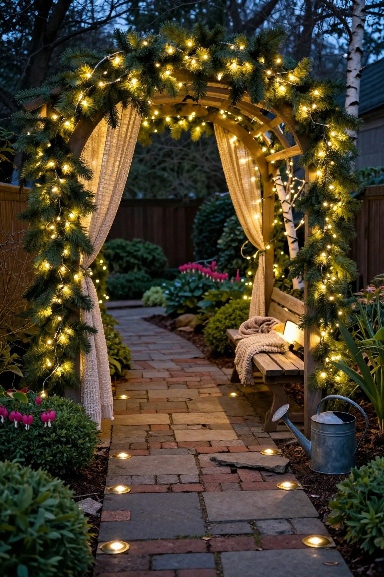Wooden garden archway covered in evergreen garlands and wrapped with warm white LED string lights, with a brick path leading to a wooden bench surrounded by plants and shrubs at dusk.