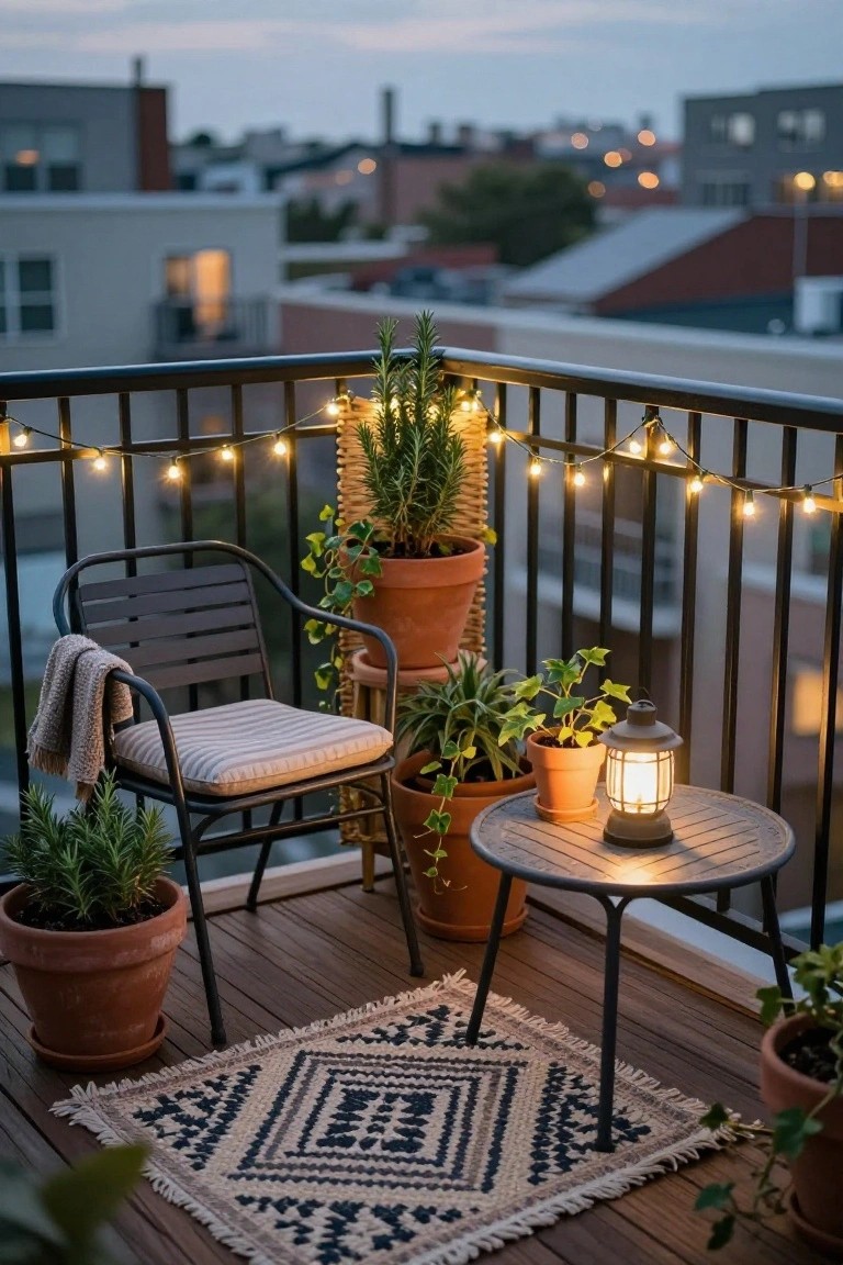 Balcony at dusk featuring black metal chair and table with potted plants, string lights along the railing, a lantern on the table, woven rug on wooden decking, and urban buildings in the background.