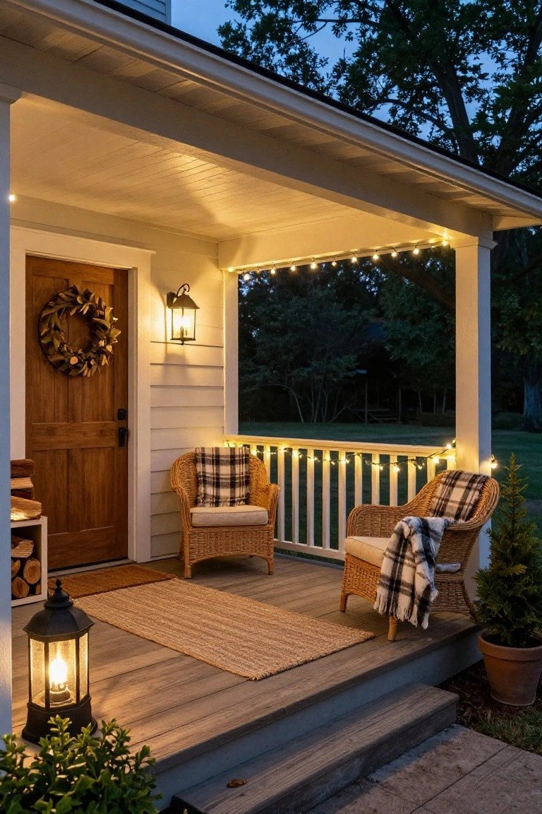 Front porch at dusk with two wicker chairs draped in plaid blankets on a seagrass rug, black lantern on the deck, string lights along white railings and eaves, wooden door with magnolia wreath, potted plants, and wall lantern.