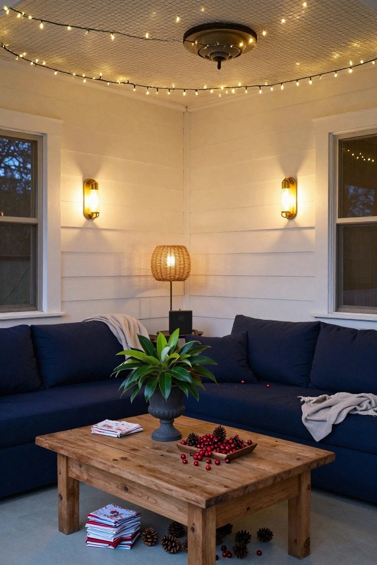 Screened porch corner with navy blue sofa, wooden coffee table topped with red berries and pinecones, potted green plant, rattan floor lamp, wall sconces, and string lights strung across netted ceiling.