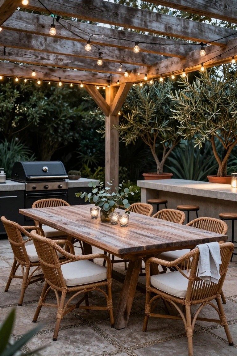 Wooden pergola with hanging string lights over an outdoor dining table and rattan chairs, next to a built-in grill kitchen and potted plants on a tiled patio.