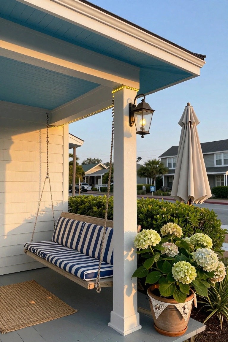 White clapboard porch with blue ceiling, hanging blue-and-white striped swing bench, string lights along beams, lit black lantern, potted white hydrangeas, and beige umbrella nearby at dusk.