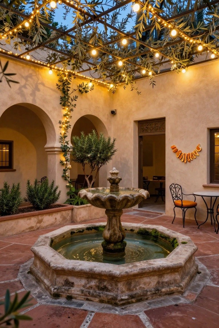 Evening courtyard with stucco walls, arched doorways, central stone fountain, olive trees and vines draped with warm string lights under a pergola, potted plants, and a small table with orange chairs.