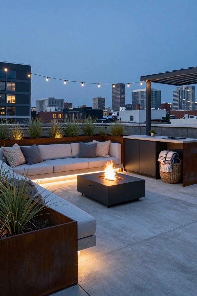 Rooftop terrace at dusk featuring L-shaped gray outdoor sofa around a square black fire table with flames, metal planters with grasses, built-in kitchen counter, hanging string lights from black pergola, and city buildings in background.