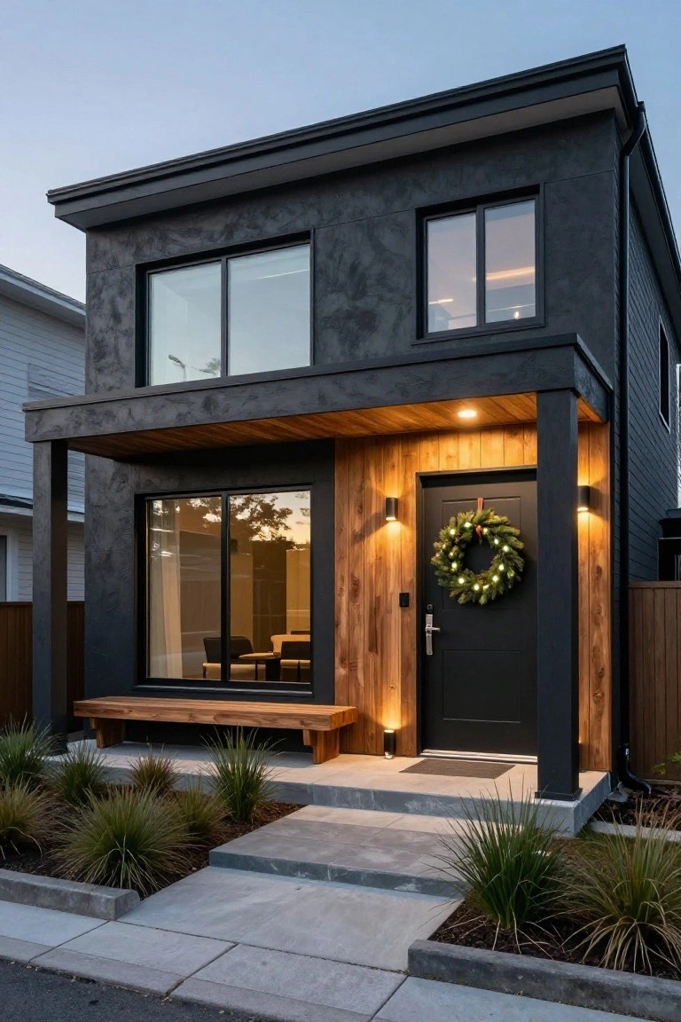 Modern black two-story house exterior with textured walls, wooden porch overhang and bench, black front door with lit Christmas wreath, flanked by cylindrical LED wall lights, and low grass plantings along concrete steps and path.