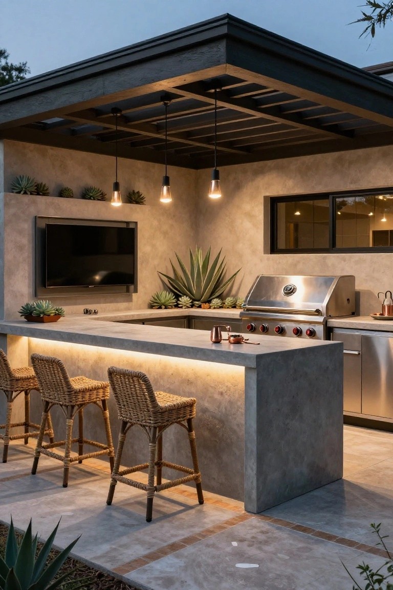 Outdoor covered patio with concrete bar counter featuring LED underlighting, four rattan bar stools, built-in stainless steel grill, wall-mounted TV, pendant Edison bulb lights, and potted succulents against stucco walls.