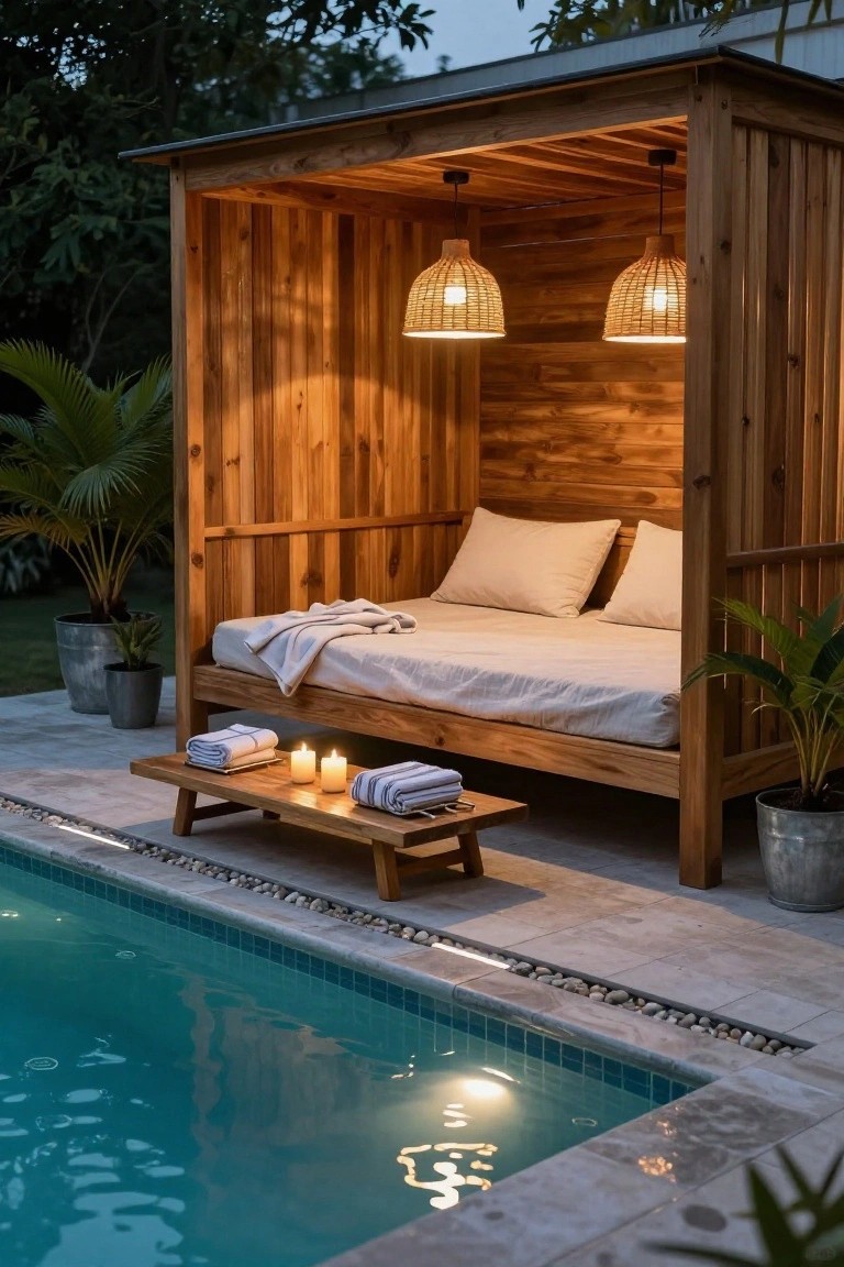 Wooden open-air cabana with daybed, pillows, towels, candles on low table, hanging rattan lanterns lit warmly, beside turquoise pool with potted plants around.
