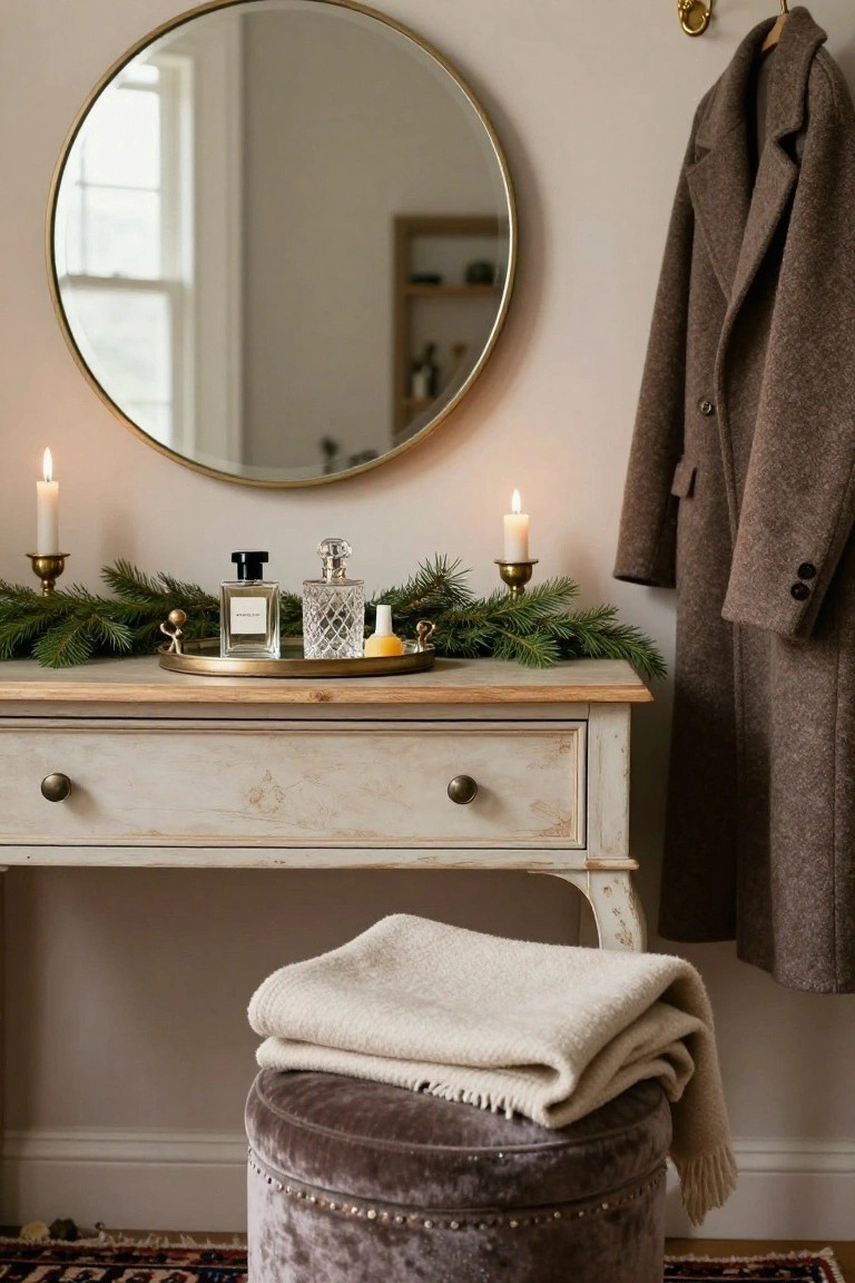 White console table with pine branches draped across the top and front, gold tray holding perfume bottles and nail polish, flanked by brass candlesticks with white candles, beneath a round gold mirror, brown coat hanging on wall hook nearby, cream blanket on purple velvet stool in front.