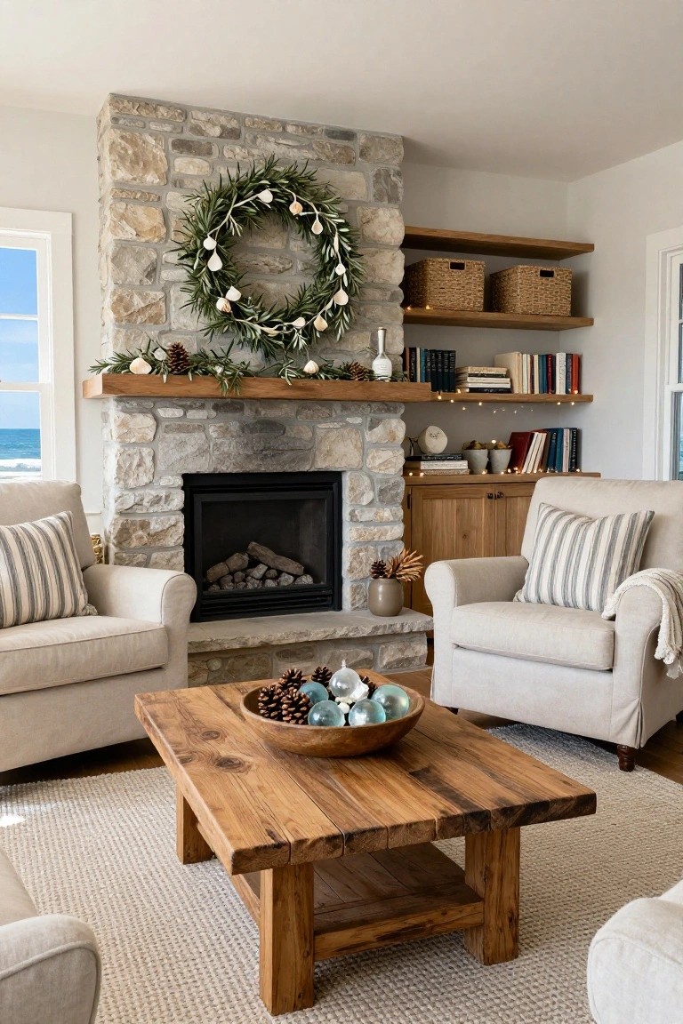 Living room with beige stone fireplace displaying gas logs, olive branch wreath above mantel and garland on mantel with pinecones and shells, neutral fabric armchairs, wooden coffee table holding bowl of ornaments, bookshelves, and window with ocean view.