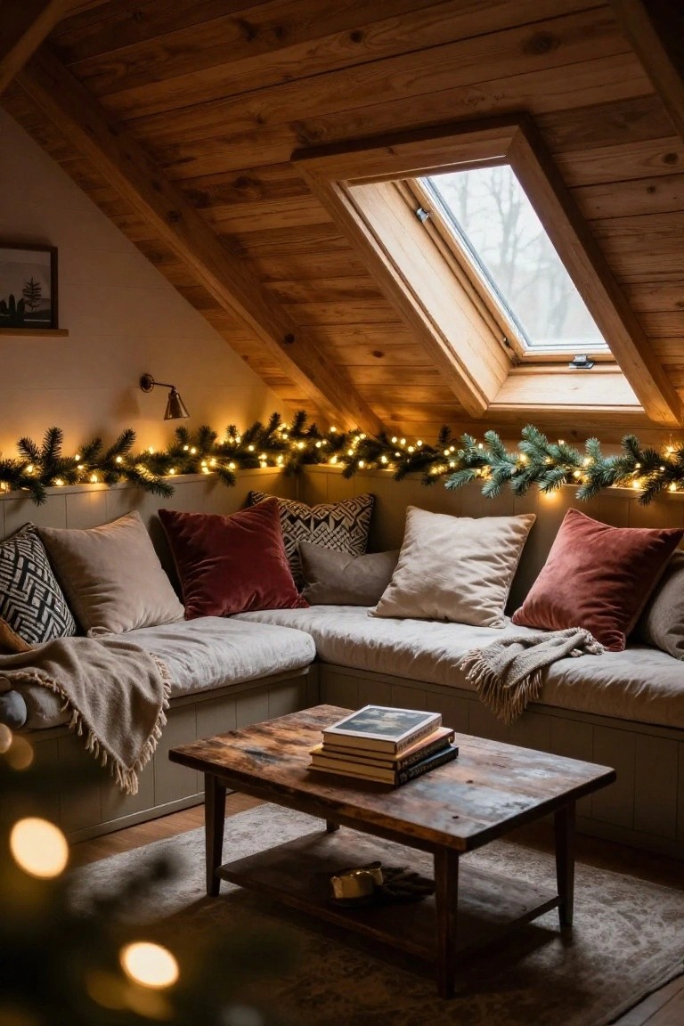 Wooden-beamed attic room featuring a corner linen sofa with pillows and throws, low wooden coffee table with stacked books, evergreen garland strung with fairy lights along the paneled wall, and a skylight in the sloped ceiling.