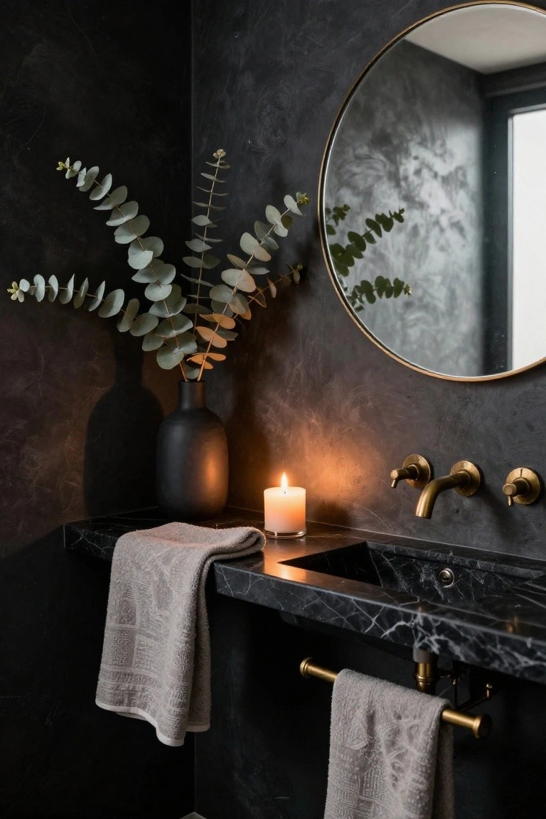Black marble bathroom vanity with brass wall-mounted faucet, round gold-framed mirror, black vase of eucalyptus branches, white candle, and two gray patterned towels on a gold towel bar against dark textured walls.