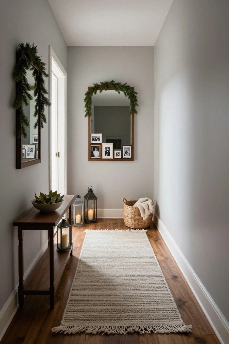 Narrow gray-painted hallway with two brown-framed mirrors draped in evergreen garlands, wooden console table holding a ceramic bowl of leaves and metal lanterns with candles, white seagrass runner rug on hardwood floors, and wicker basket with white throw blanket.