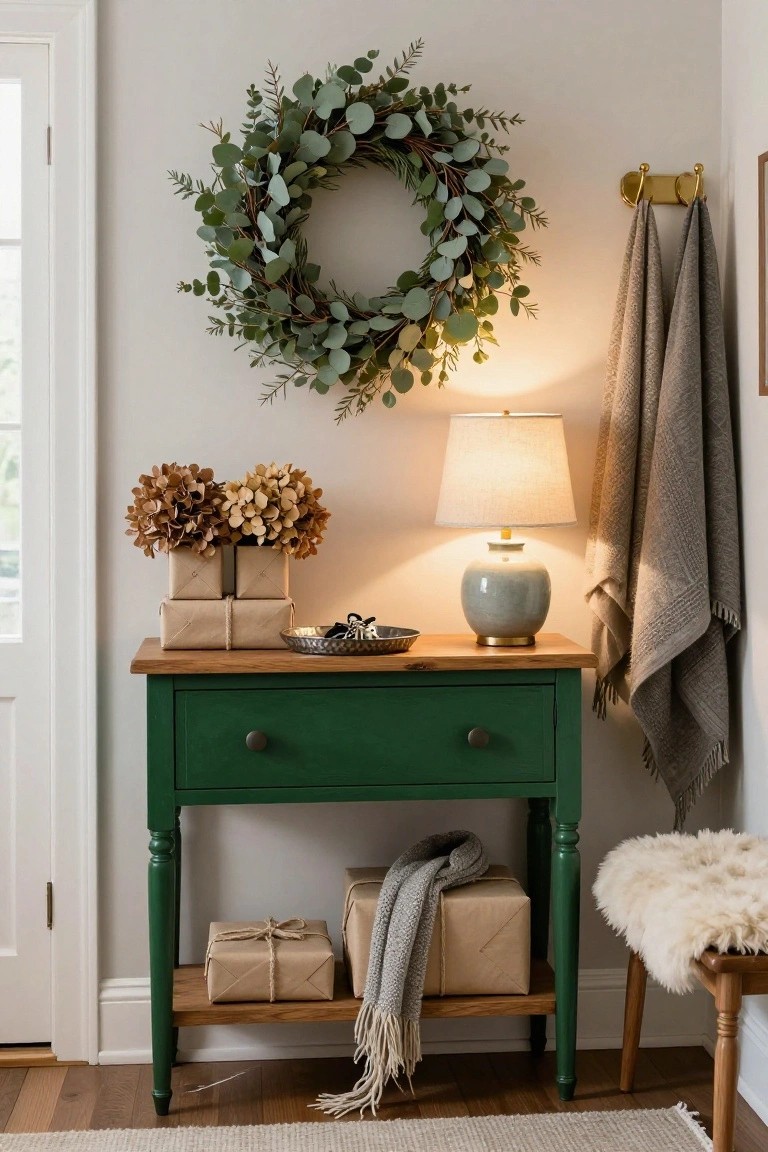 Green wooden console table in a light gray entryway holding kraft-wrapped gifts, dried hydrangeas, brass tray with keys, ceramic lamp, and gray throws on lower shelf, with eucalyptus wreath on wall above, hanging towels, and sheepskin stool beside it.